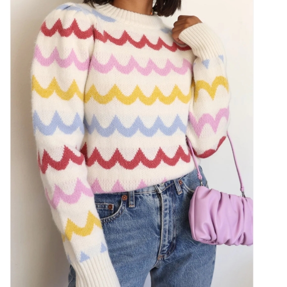 💕 EUC Greylin Brand Janey Ivory Wave Retro Look Fitted Sweater, Ladie's, Small - Picture 1 of 15